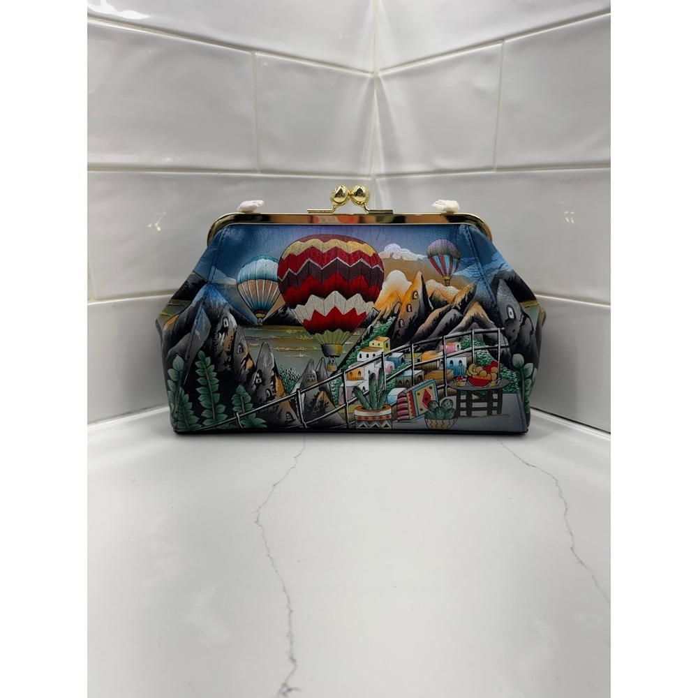Anuschka Hot Air Balloon Hand-Painted Leather Kiss Lock Clutch Crossbody Purse